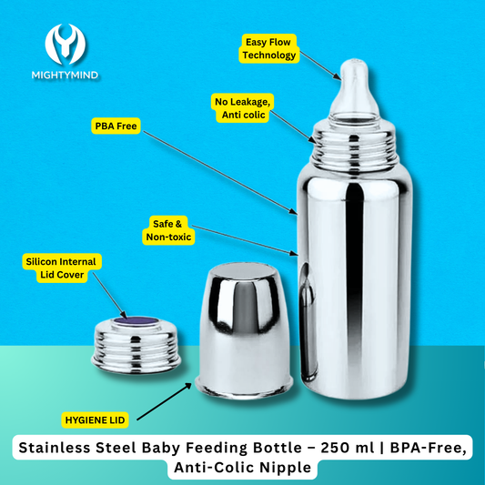 Stainless Steel Baby Feeding Bottle – 250 ml | BPA-Free, Anti-Colic Nipple