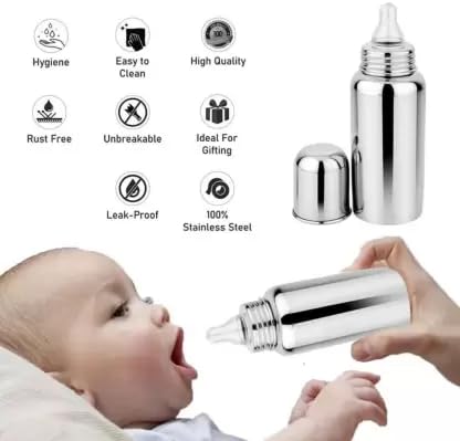 Stainless Steel Baby Feeding Bottle – 250 ml | BPA-Free, Anti-Colic Nipple