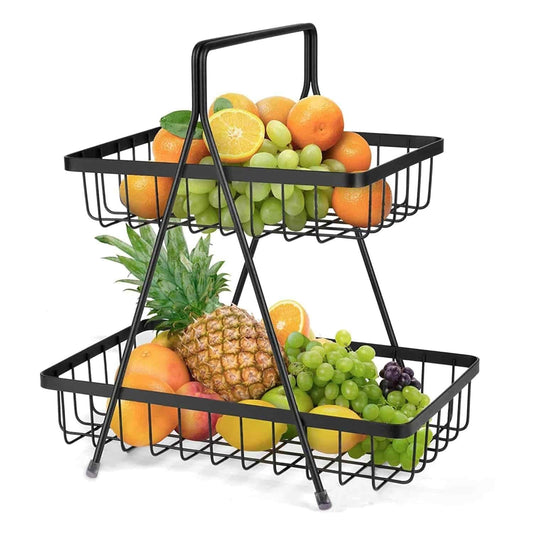 High Grade Steel 2-Tier Fruit & Vegetable Basket, Countertop Tiered Shelf for Dining Table/Kitchen (Black)