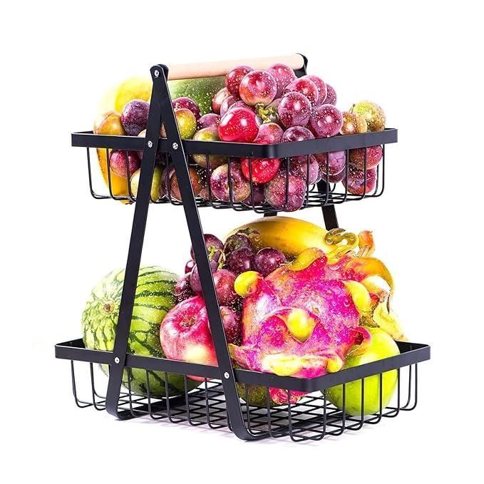 High Grade Steel 2-Tier Fruit & Vegetable Basket, Countertop Tiered Shelf for Dining Table/Kitchen (Black)