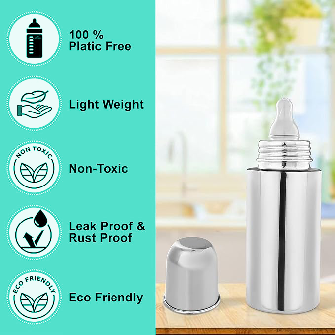 Stainless Steel Baby Feeding Bottle – 250 ml | BPA-Free, Anti-Colic Nipple
