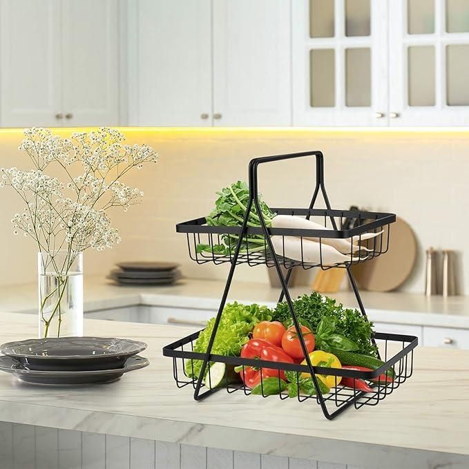 High Grade Steel 2-Tier Fruit & Vegetable Basket, Countertop Tiered Shelf for Dining Table/Kitchen (Black)