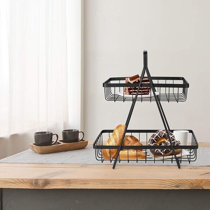 High Grade Steel 2-Tier Fruit & Vegetable Basket, Countertop Tiered Shelf for Dining Table/Kitchen (Black)