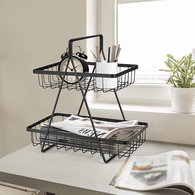 High Grade Steel 2-Tier Fruit & Vegetable Basket, Countertop Tiered Shelf for Dining Table/Kitchen (Black)