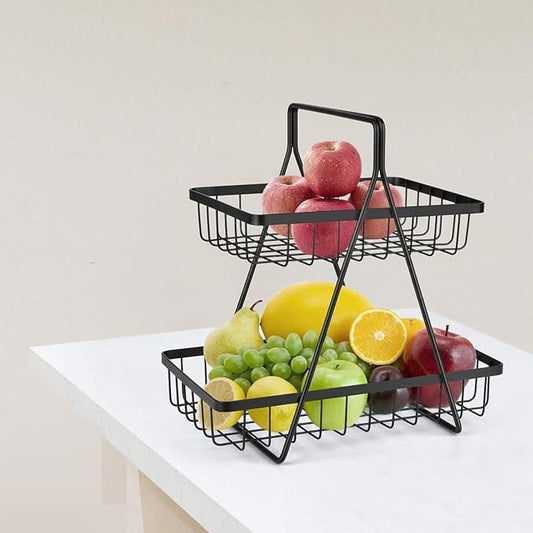 High Grade Steel 2-Tier Fruit & Vegetable Basket, Countertop Tiered Shelf for Dining Table/Kitchen (Black)